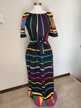 Vintage Circa 2000 Dress Colorful Midi Cotton Off Shoulder 90s size Medium